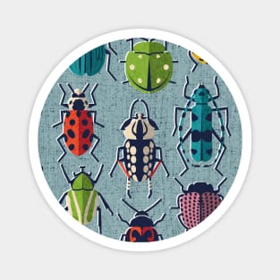 These don't bug me // pattern // duck egg blue background green yellow neon red orange pink blue and black and ivory retro paper cut beetles and insects Magnet